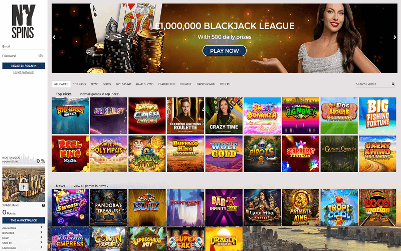NY spins Casino Home Page