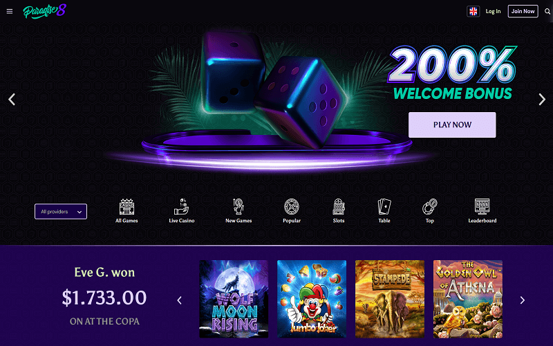 Paradise8 Casino Home Page